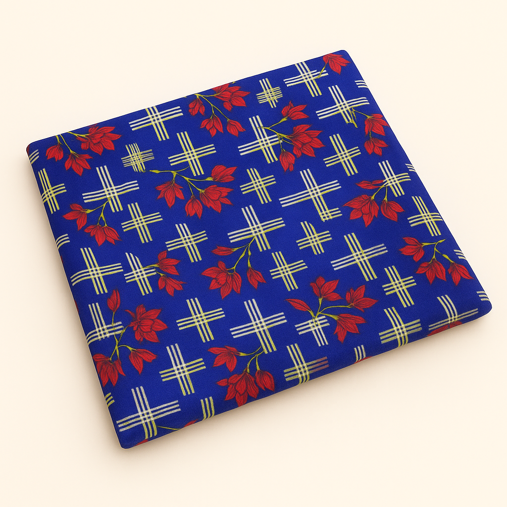 All over polo cotton two piece suit unstitched -  Royal blue grid + red flowers