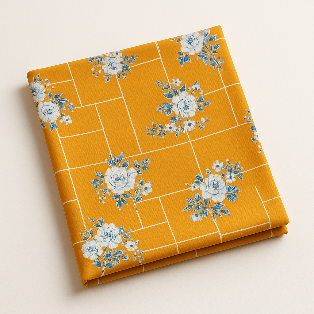 All over polo cotton two piece suit unstitched - Mustard Grid + Blue-Ivory Bouquets