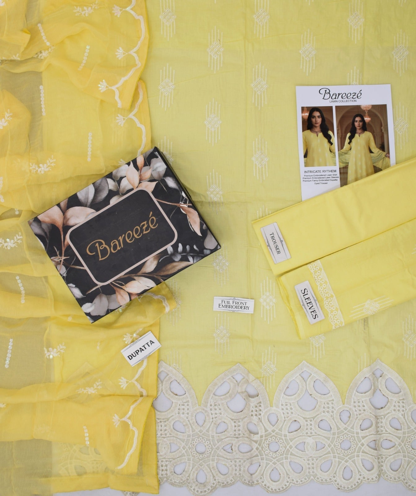 Lawn 3p Suit Luxury Embroidered Shirt Dyed Trouser with Dupatta 9546