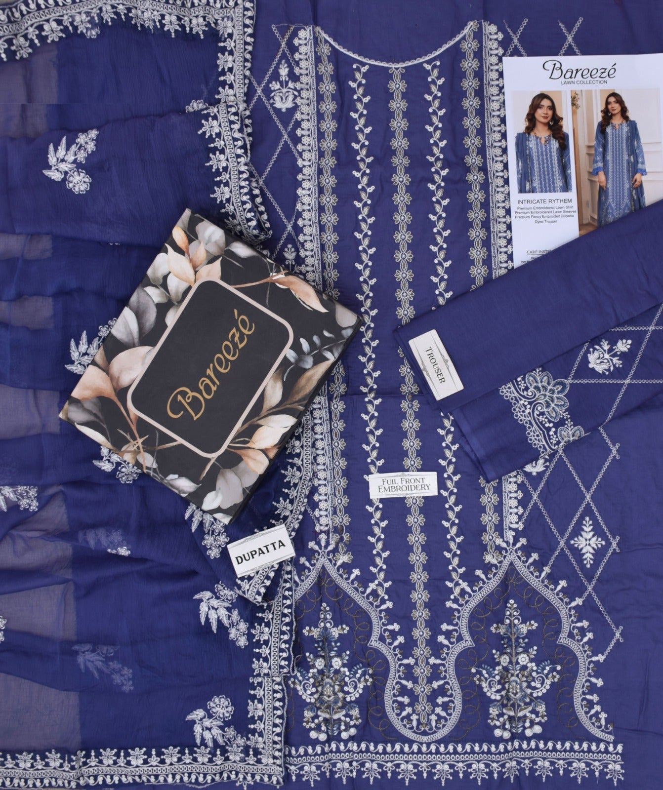 Lawn 3p Suit Luxury Embroidered Shirt Dyed Trouser with Dupatta 9545