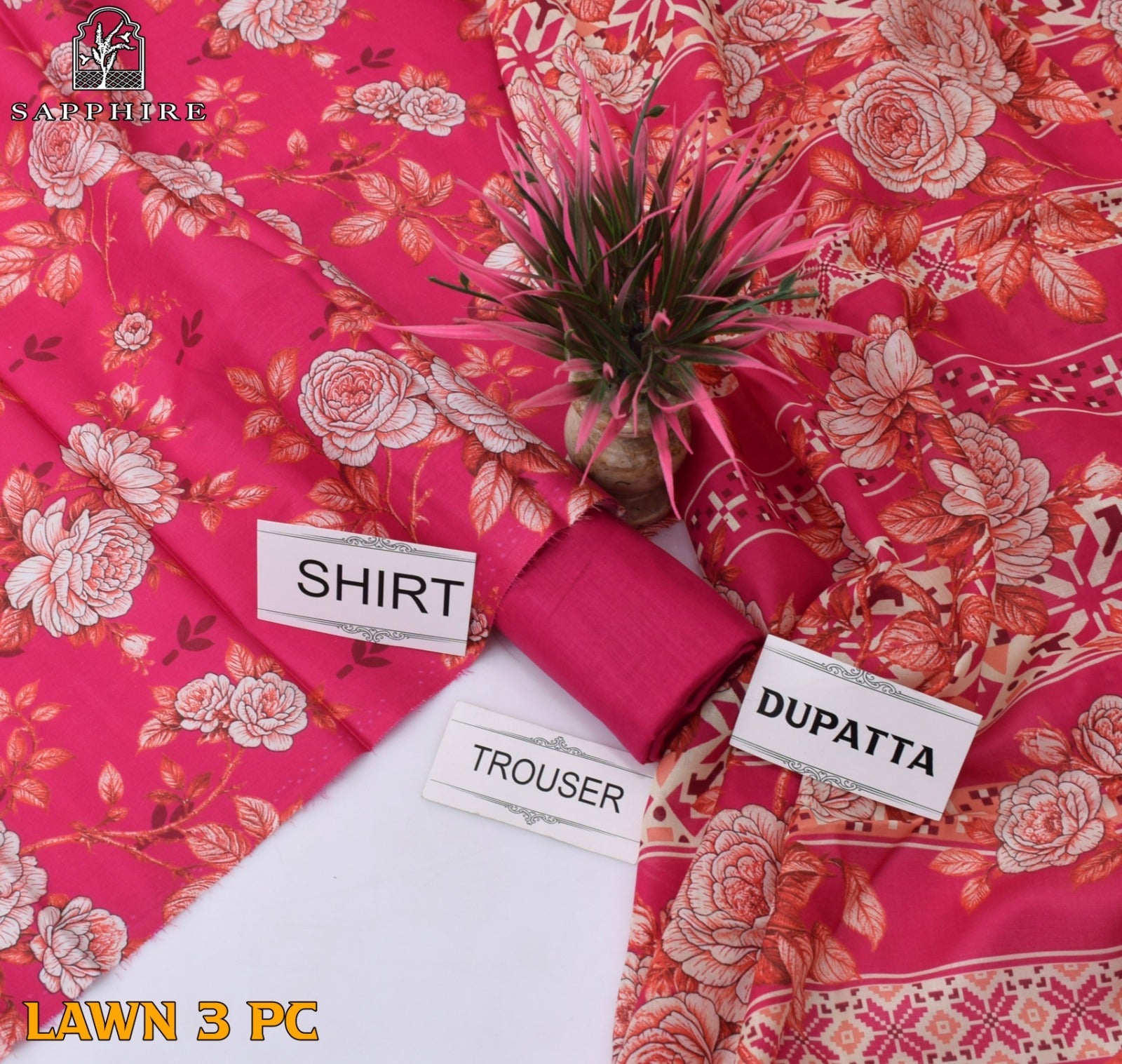 Lawn 3p Suit Fine Quality Allover Shirt Dyed Trouser with digital voil lawn dupatta 9513