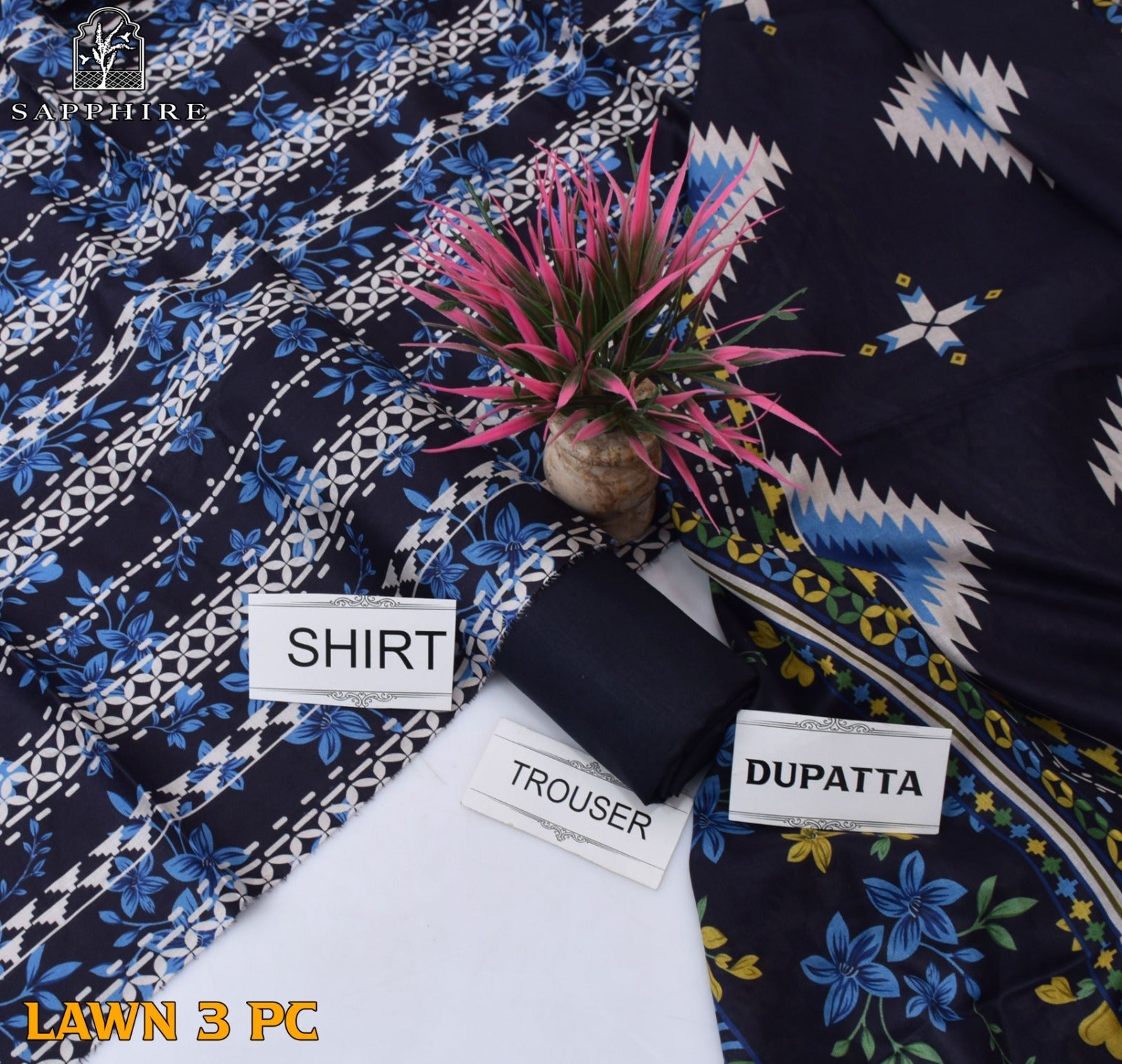 Lawn 3p Suit Fine Quality Allover Shirt Dyed Trouser with digital voil lawn dupatta 9511