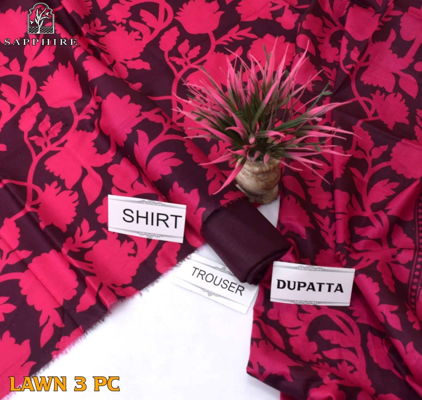 Lawn 3p Suit Fine Quality Allover Shirt Dyed Trouser with digital voil lawn dupatta 9510