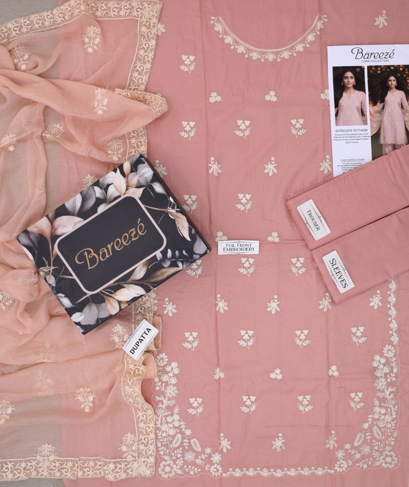 Lawn 3p Suit Luxury Embroidered Shirt Dyed Trouser with Dupatta 9547