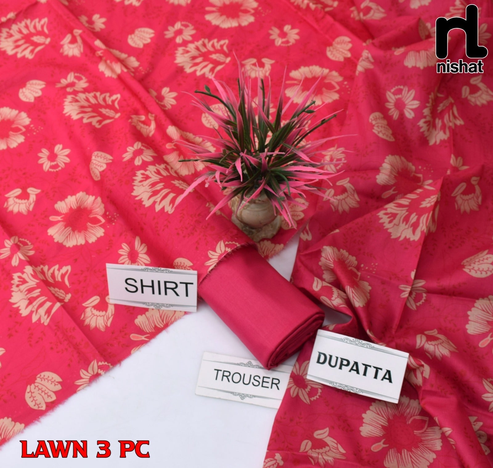 Lawn 3p Suit Fine Quality Allover Shirt Dyed Trouser with digital voil lawn dupatta 9506