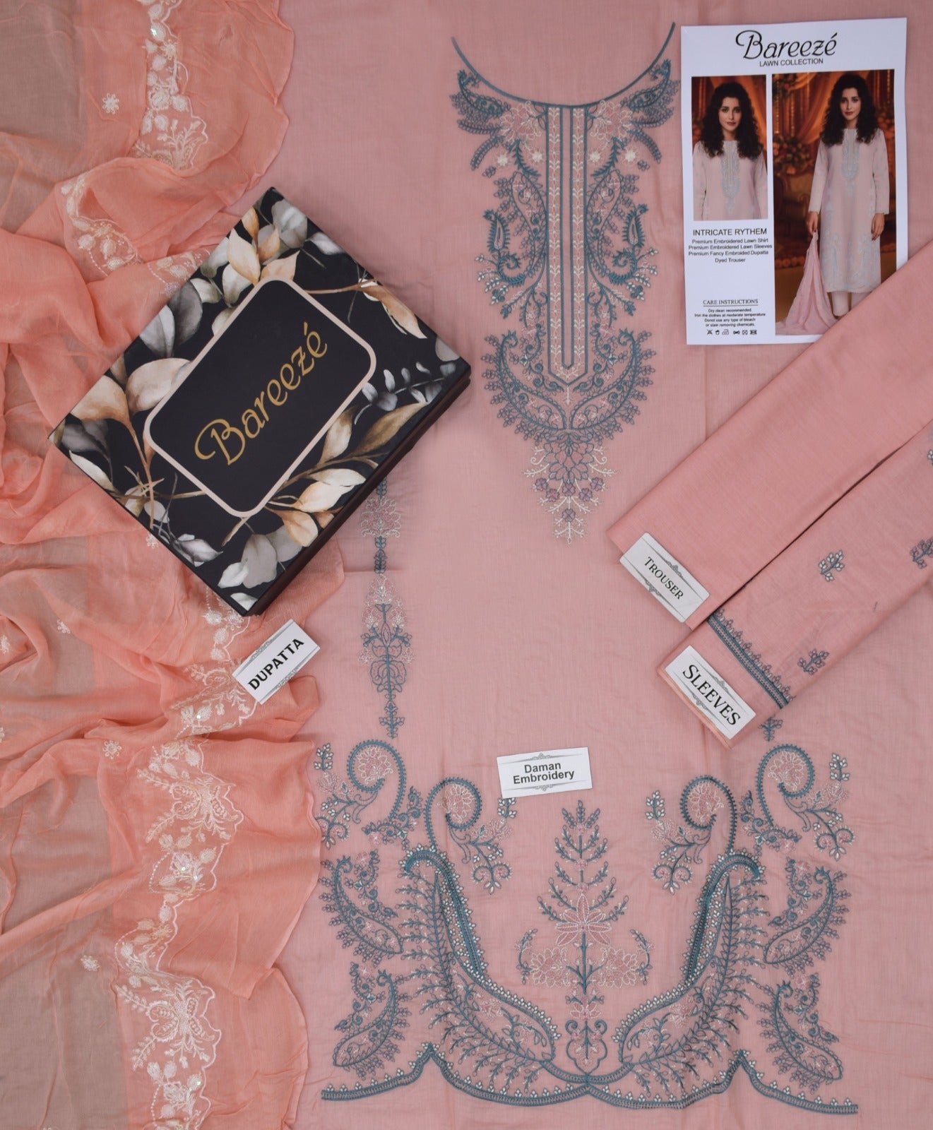 Lawn 3p Suit Premium Embroidered Shirt Dyed Trouser with Dupatta 9533