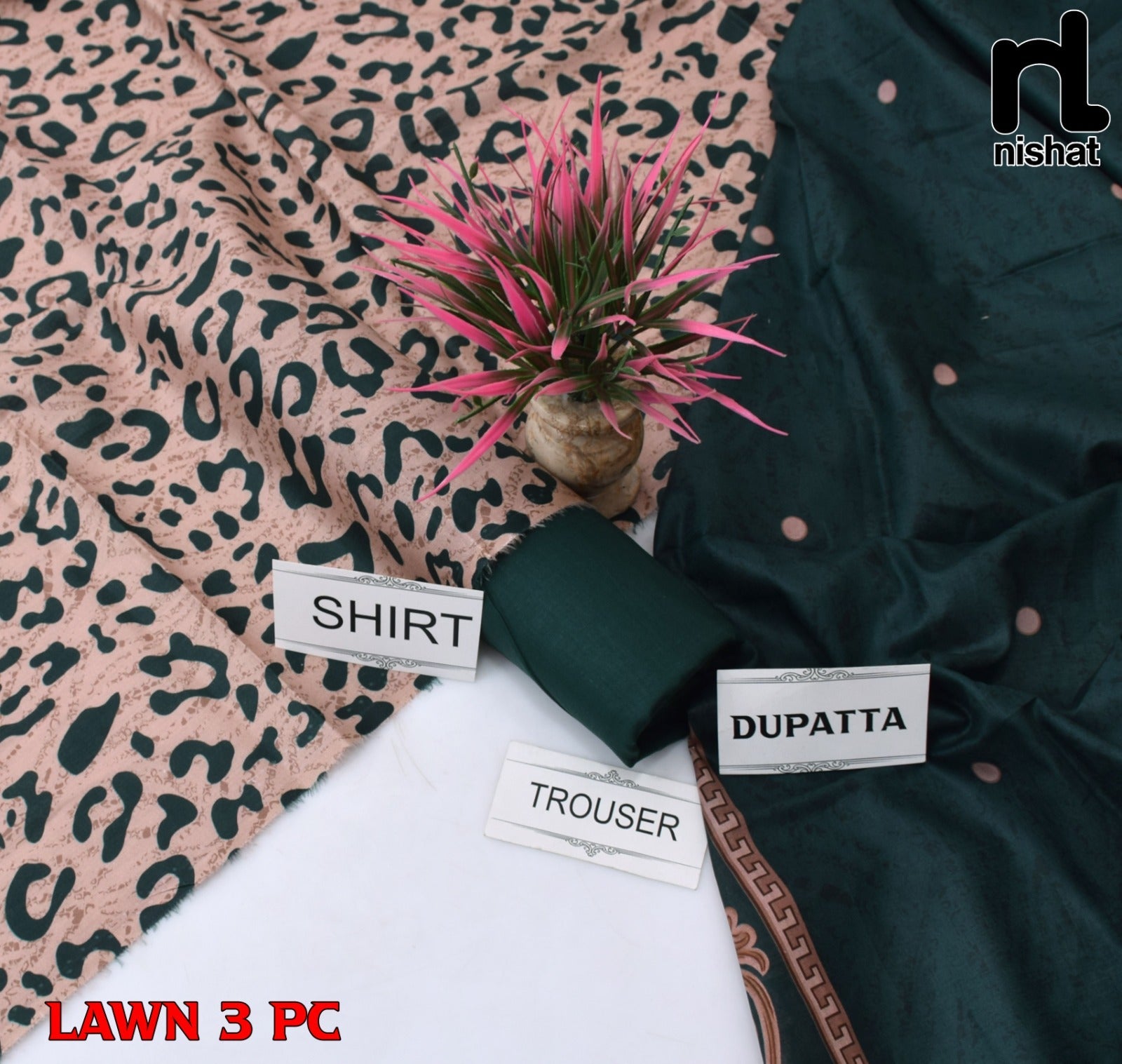 Lawn 3p Suit Fine Quality Allover Shirt Dyed Trouser with digital voil lawn dupatta 9507