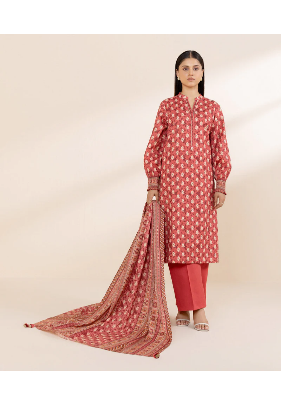 Lawn 3p Suit Fine Quality Allover Shirt Dyed Trouser with digital voil lawn dupatta 9512