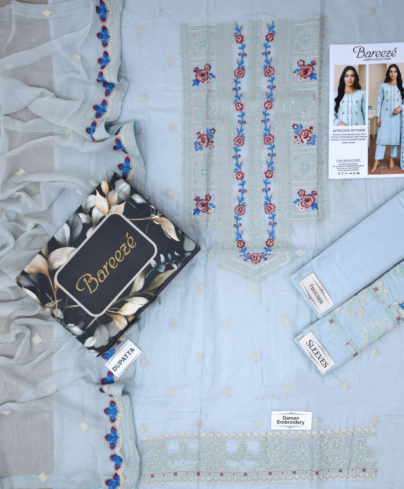 Lawn 3p Suit Premium Embroidered Shirt Dyed Trouser with Dupatta 9535