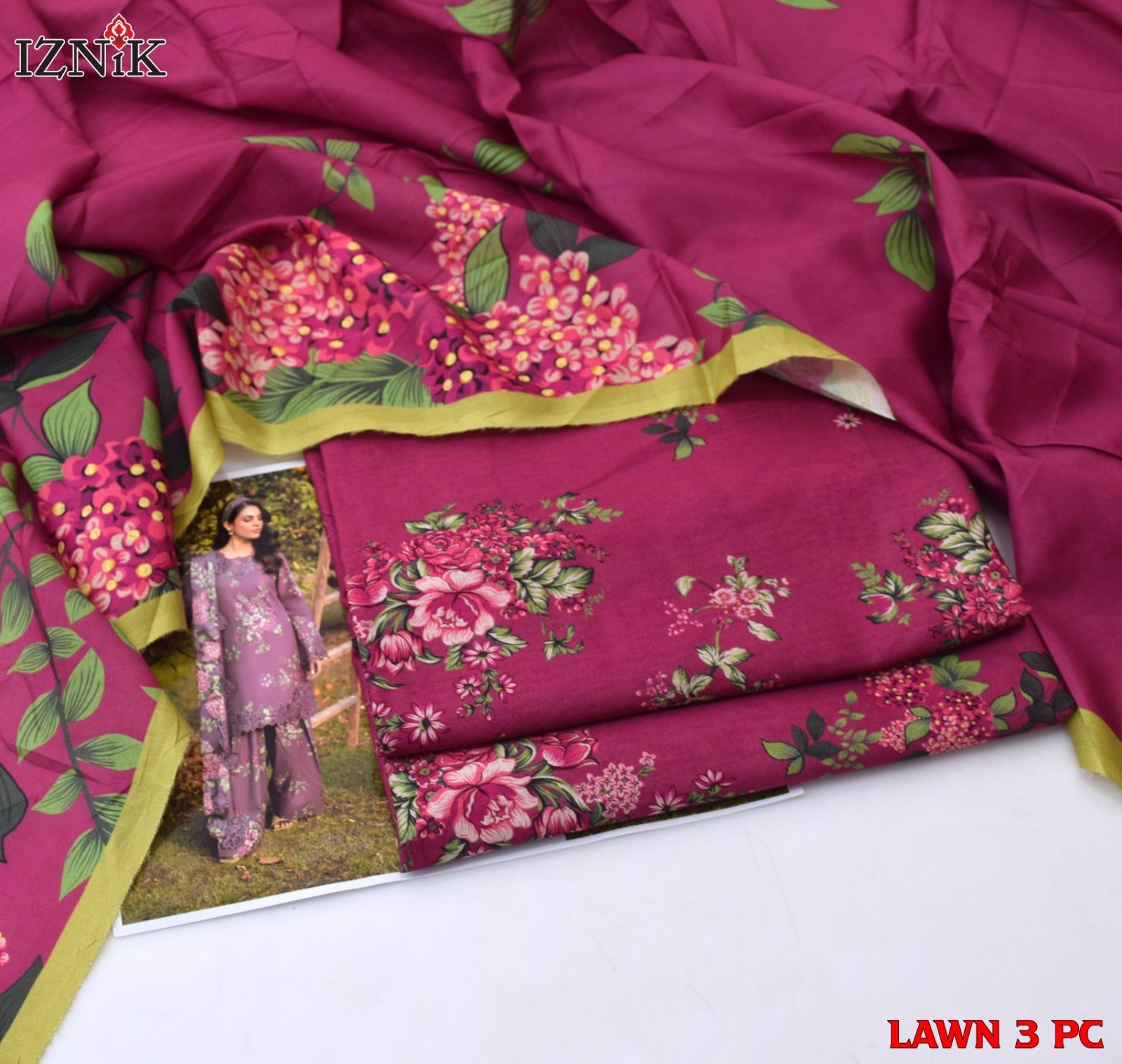 Lawn 3p Suit Allover Shirt Trouser with digital voil lawn dupatta 9516