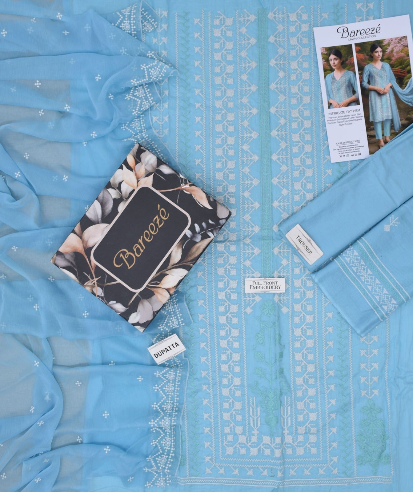 Lawn 3p Suit Luxury Embroidered Shirt Dyed Trouser with Dupatta 9552