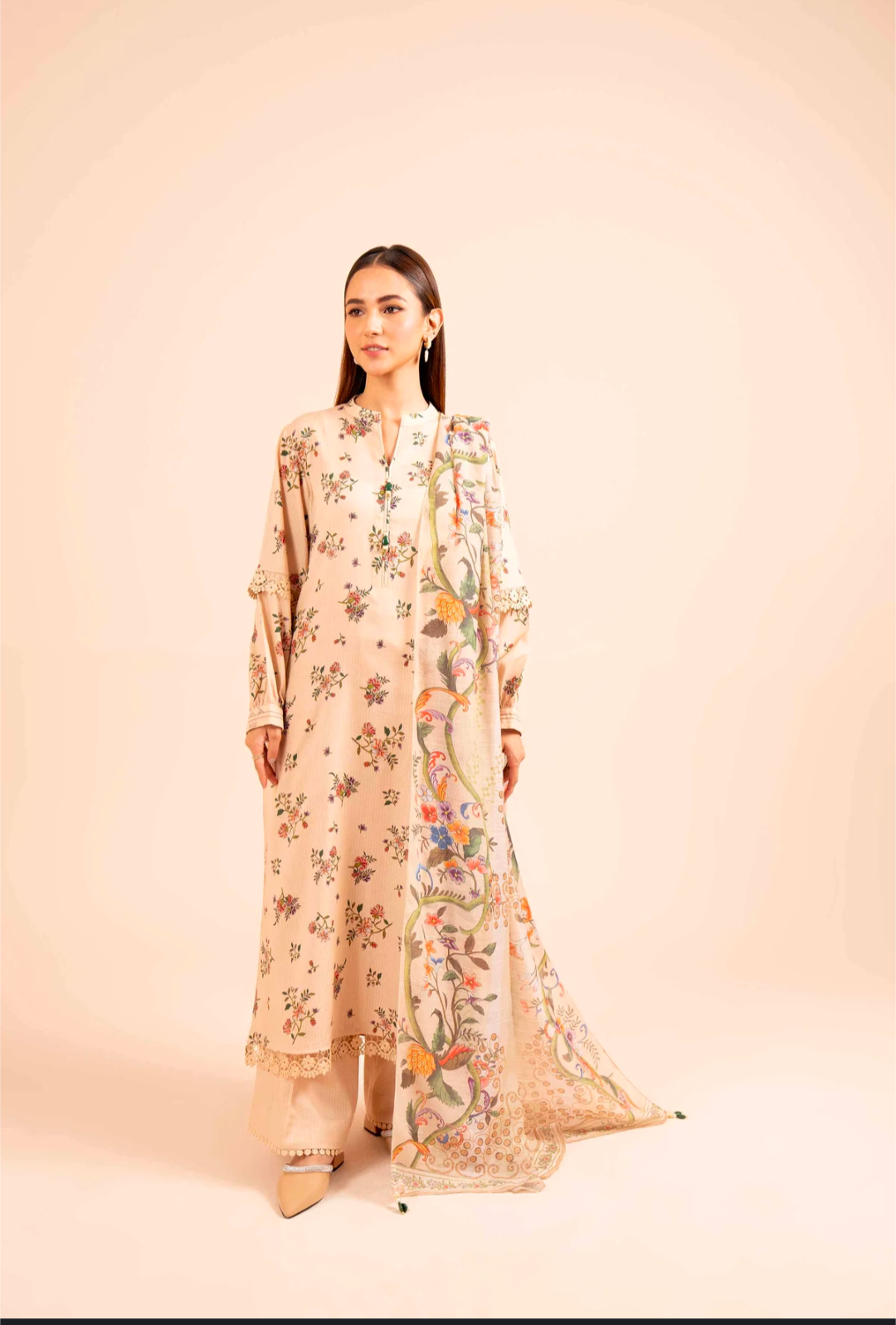 Lawn 3p Suit Fine Quality Allover Shirt Dyed Trouser with digital voil lawn dupatta 9504