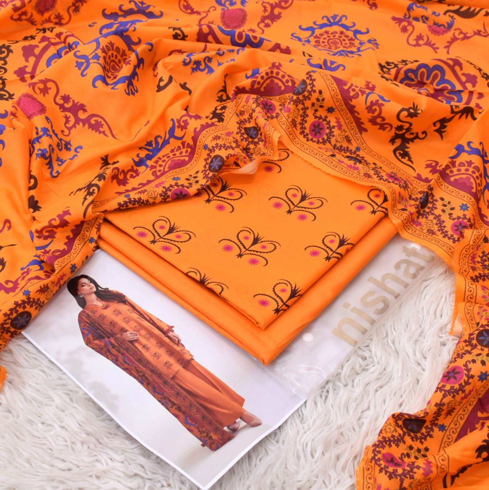 Lawn 3p Suit Fine Quality Allover Shirt Dyed Trouser with digital voil lawn dupatta 9539