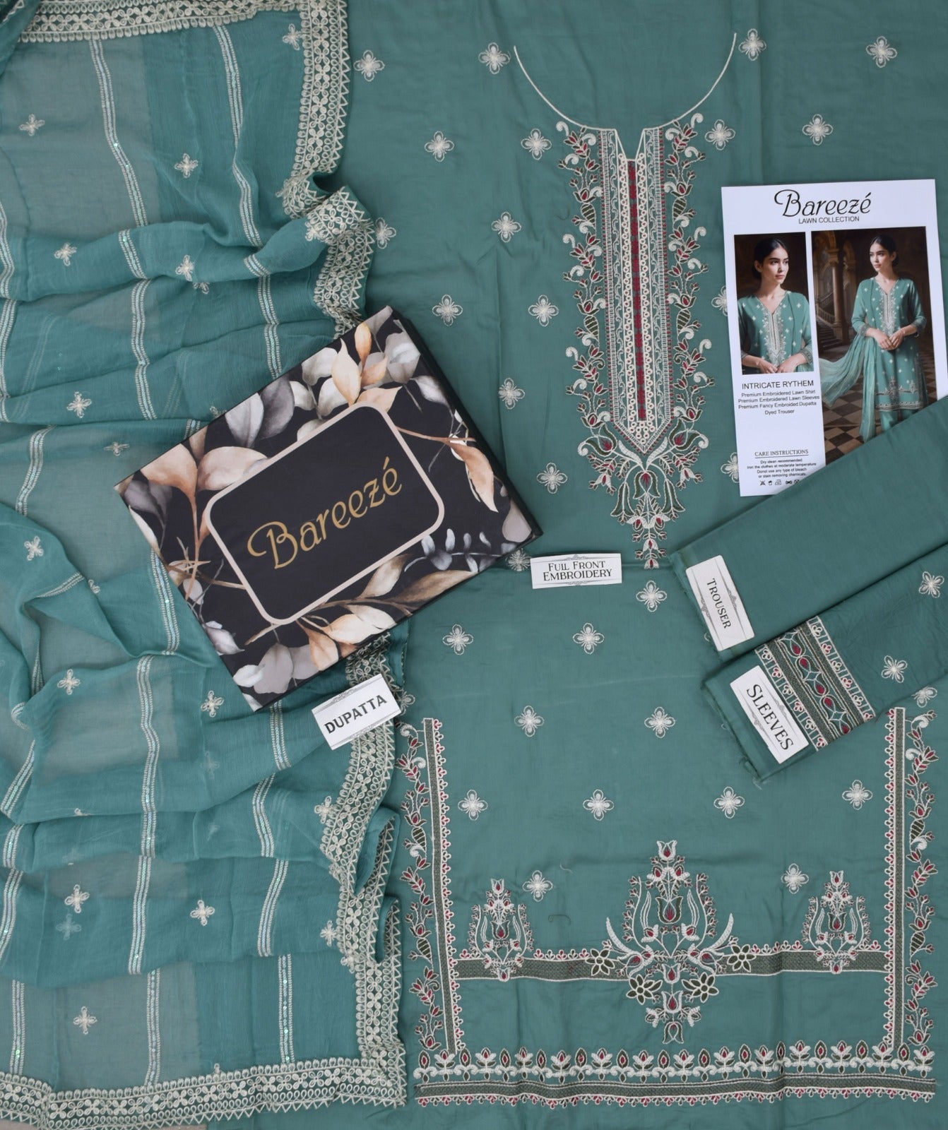 Lawn 3p Suit Luxury Embroidered Shirt Dyed Trouser with Dupatta 9550