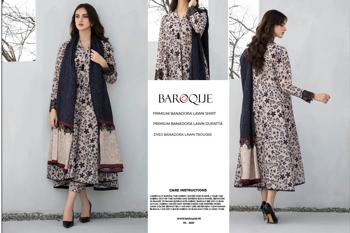 Baroque 3pc Bana Dora Lawn Allover Shirt Trouser with digital dupatta 9557