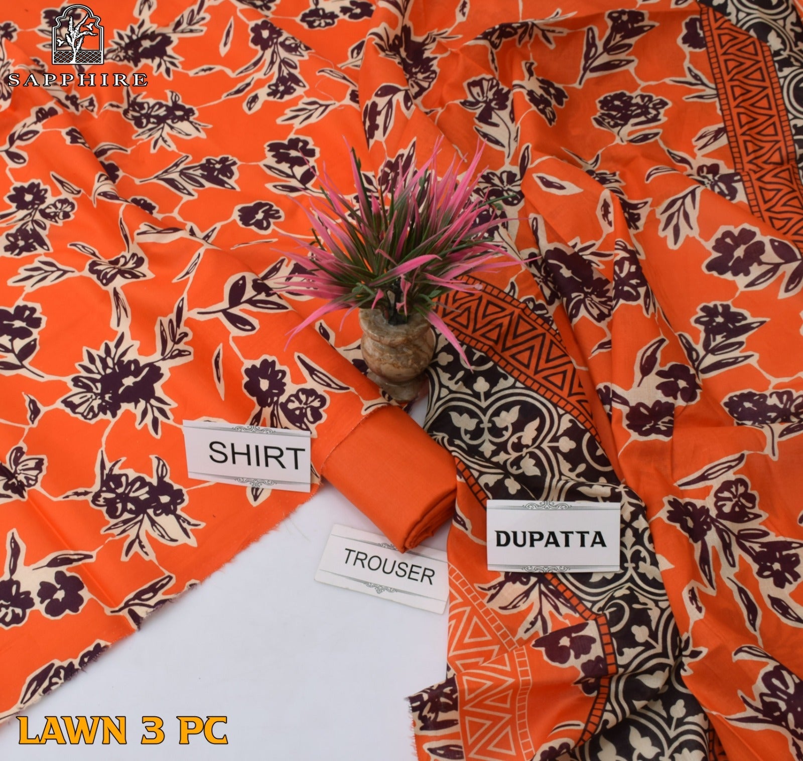 Lawn 3p Suit Fine Quality Allover Shirt Dyed Trouser with digital voil lawn dupatta 9505